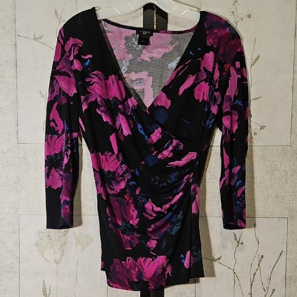 Ann Taylor Black and Pink 3/4 Sleeve Wrap Blouse